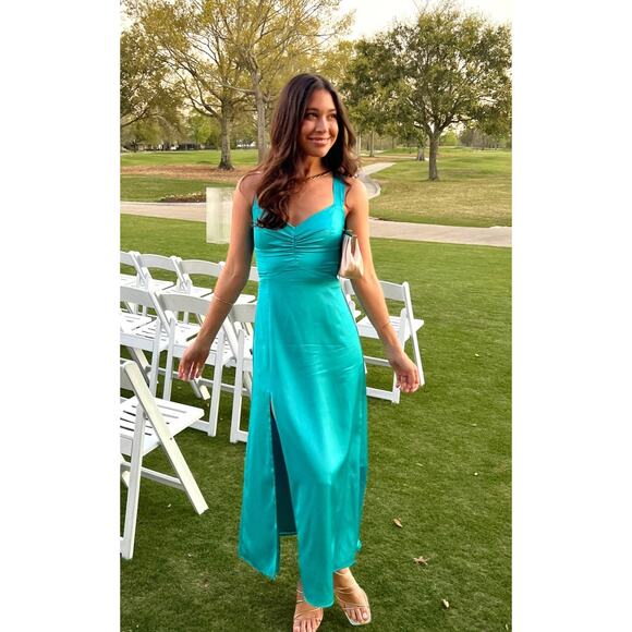 Show Me Your Mumu Mina Midi Dress in Teal Luxe Satin M NWT - Picture 1 of 10